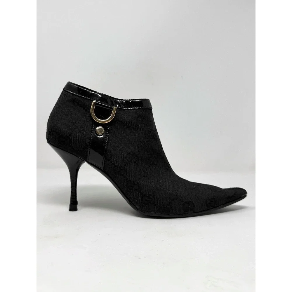 Vintage Gucci GG Monogram Pointed Toe Ankle Boots Heels Black Gold 6B
